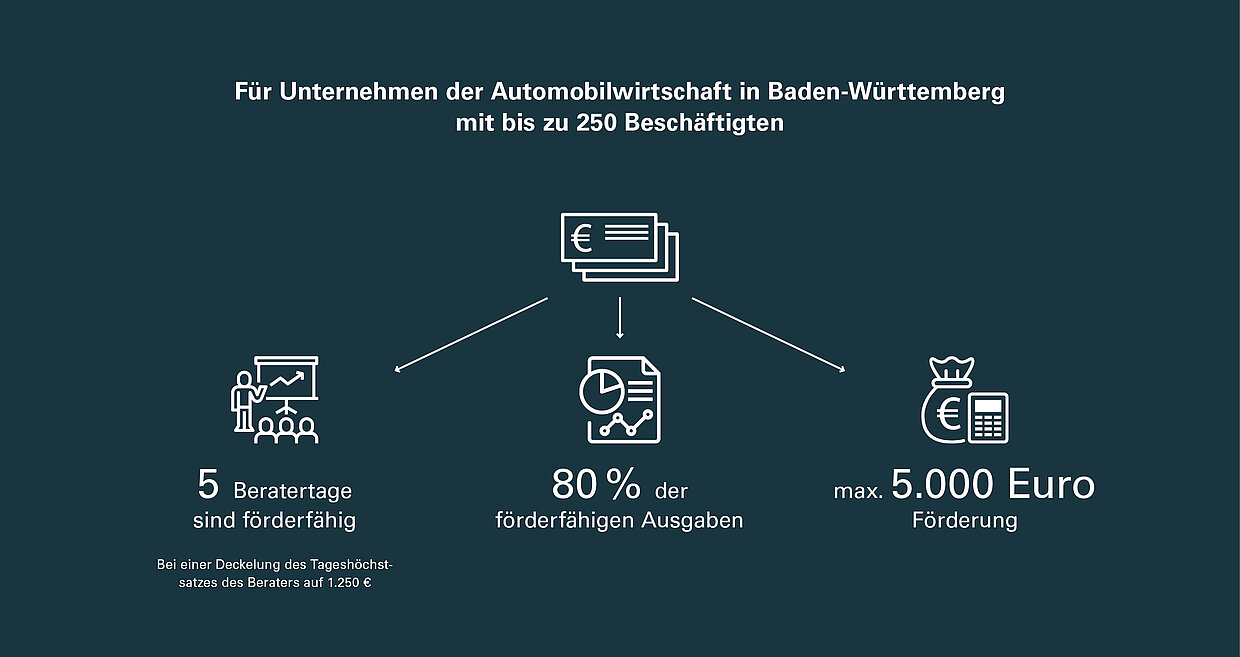 Grafik zu Förderkonditionen des Beratungsgutscheins "Transformation Automobilwirtschaft"