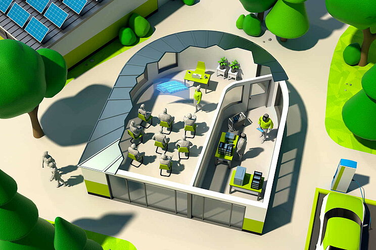 3D-Modell eines modernen, offenen Seminargebäudes. Im Inneren befinden sich ein Vortragssaal sowie eine kleine Werkstatt zum Arbeiten an Batterien. Außerhalb des Gebäudes gibt es grüne Flächen mit Bäumen und Gehwegen. Auf der linken Seite des Bildes sind Solarpaneele auf einer Fläche neben dem Gebäude installiert. 