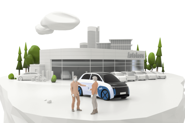 Grafische Darstellung einer Eisscholle, auf der ein Autohaus sowie ein PKW und zwei Personen stehen.
